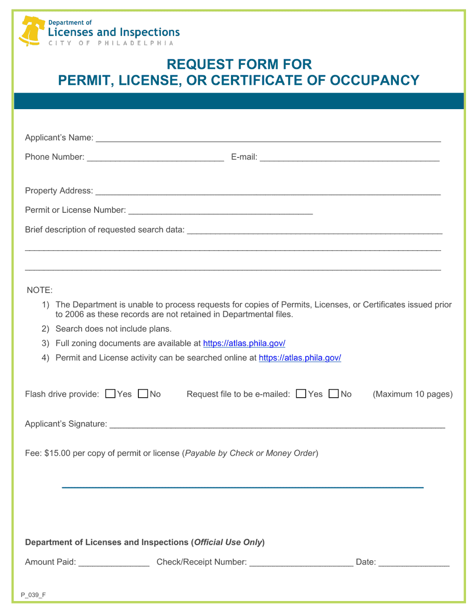 Form P_039_F Request Form for Permit, License, or Certificate of Occupancy - City of Philadelphia, Pennsylvania, Page 1