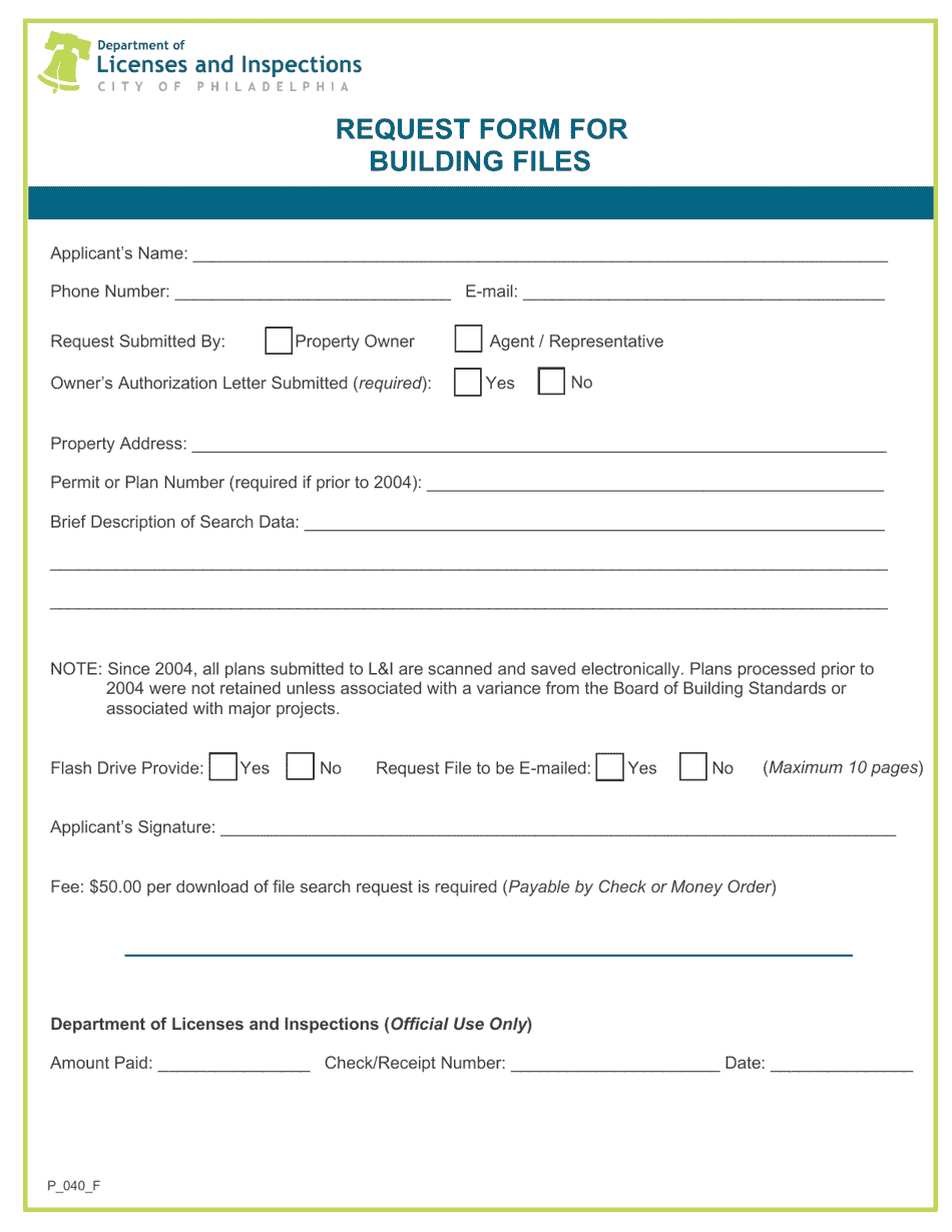 Form P_040_F Request Form for Building Files - City of Philadelphia, Pennsylvania, Page 1