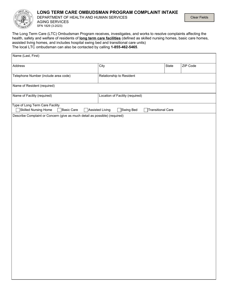 Form SFN1829 Long Term Care Ombudsman Program Complaint Intake - North Dakota, Page 1