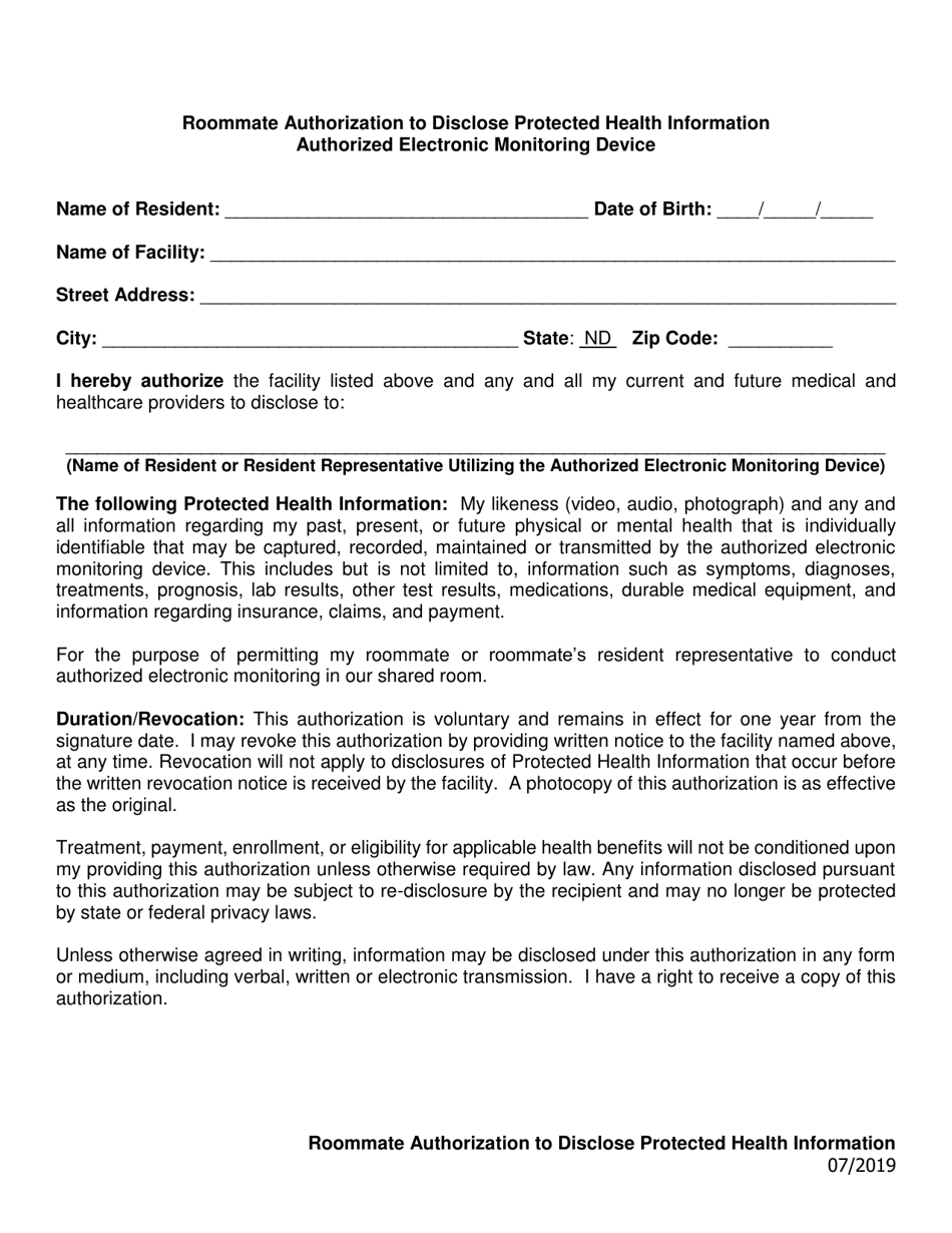 Roommate Authorization to Disclose Protected Health Information Authorized Electronic Monitoring Device - North Dakota, Page 1