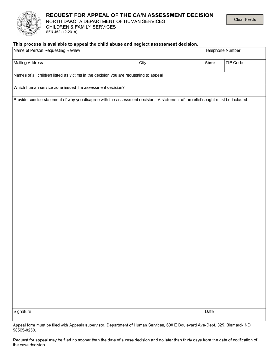 Form SFN462 Request for Appeal of the Child Abuse  Neglect Assessment Decision - North Dakota, Page 1