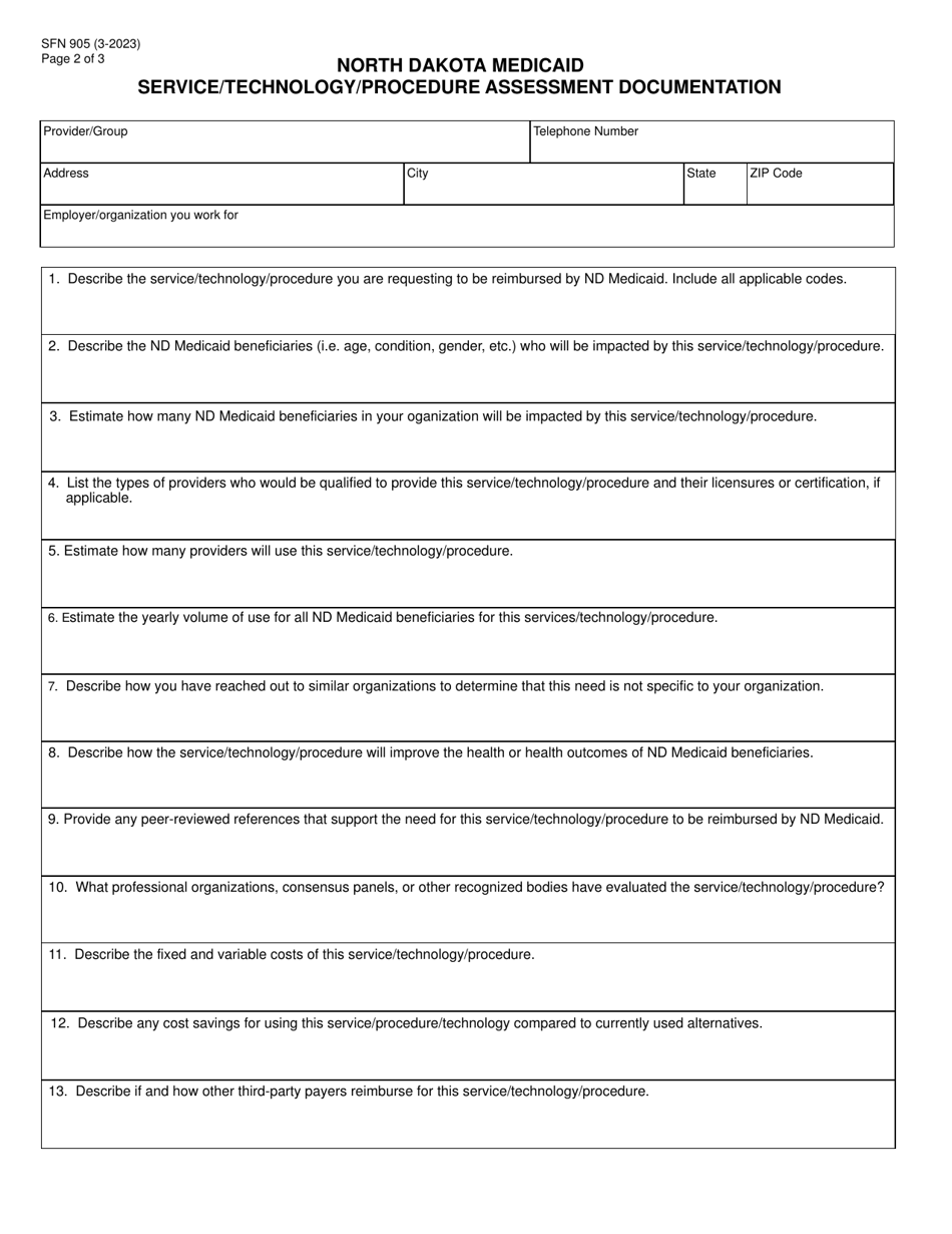 Form SFN905 North Dakota Medicaid Service / Technology / Procedure Assessment Documentation - North Dakota, Page 2