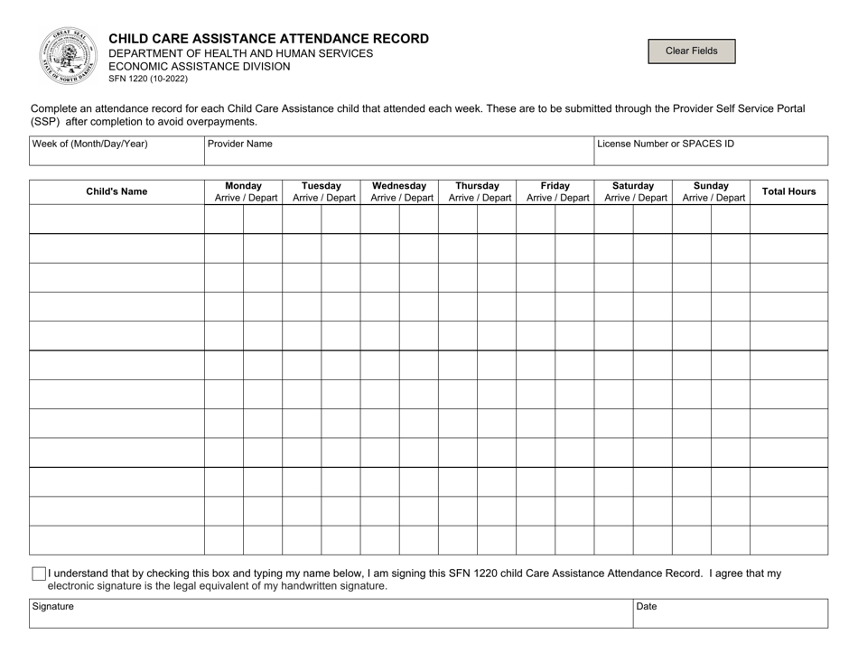 Form SFN1220 Child Care Assistance Attendance Record - North Dakota, Page 1