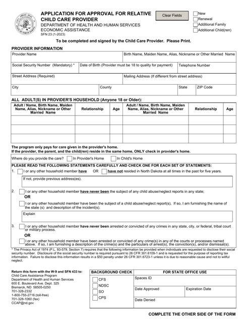 Form SFN23 Application for Approval for Relative Child Care Provider - North Dakota