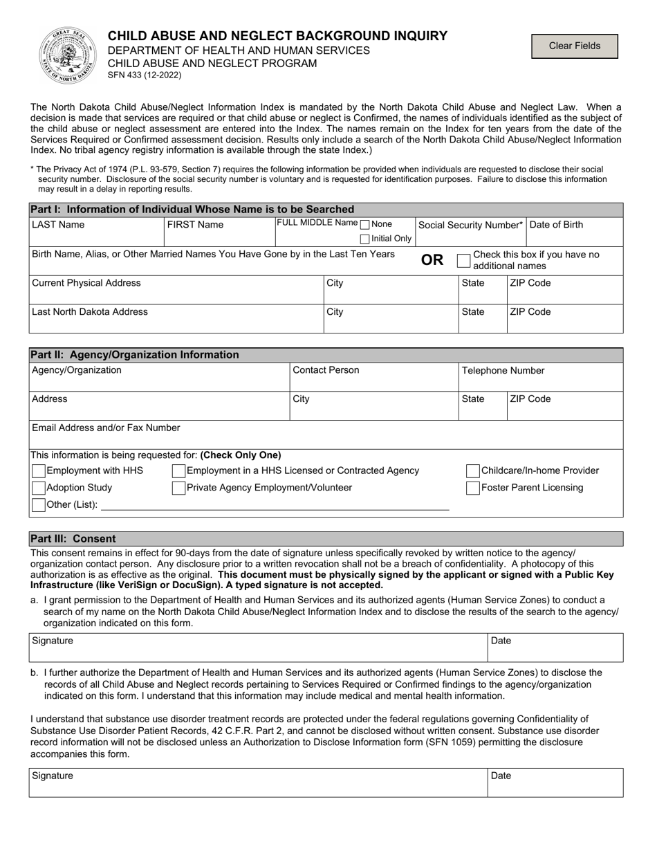 Form SFN433 Download Fillable PDF or Fill Online Child Abuse and ...