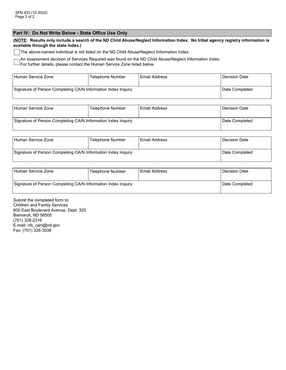 Form SFN433 Child Abuse and Neglect Background Inquiry - North Dakota, Page 2