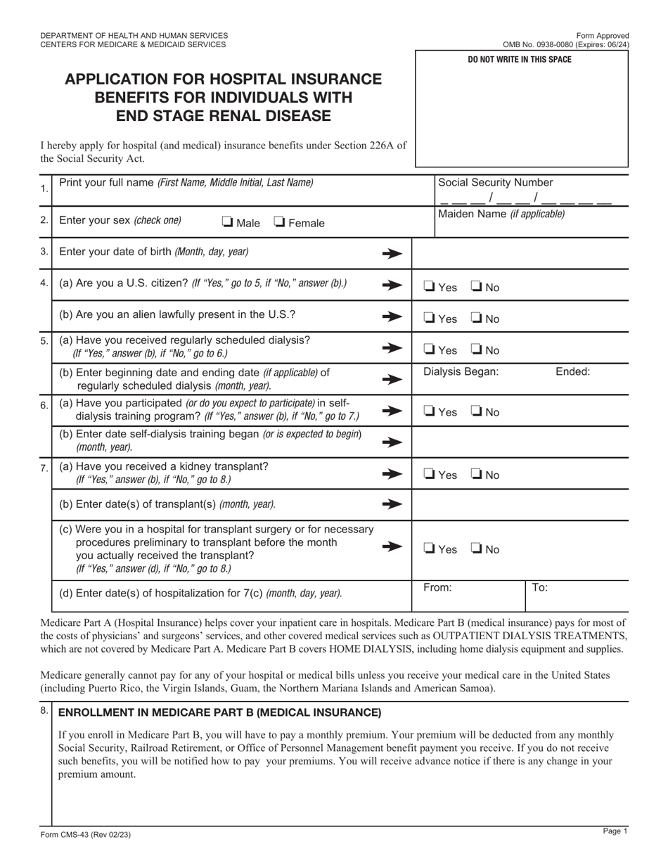 Form CMS-43 Application for Hospital Insurance Benefits for Individuals With End Stage Renal Disease, Page 1