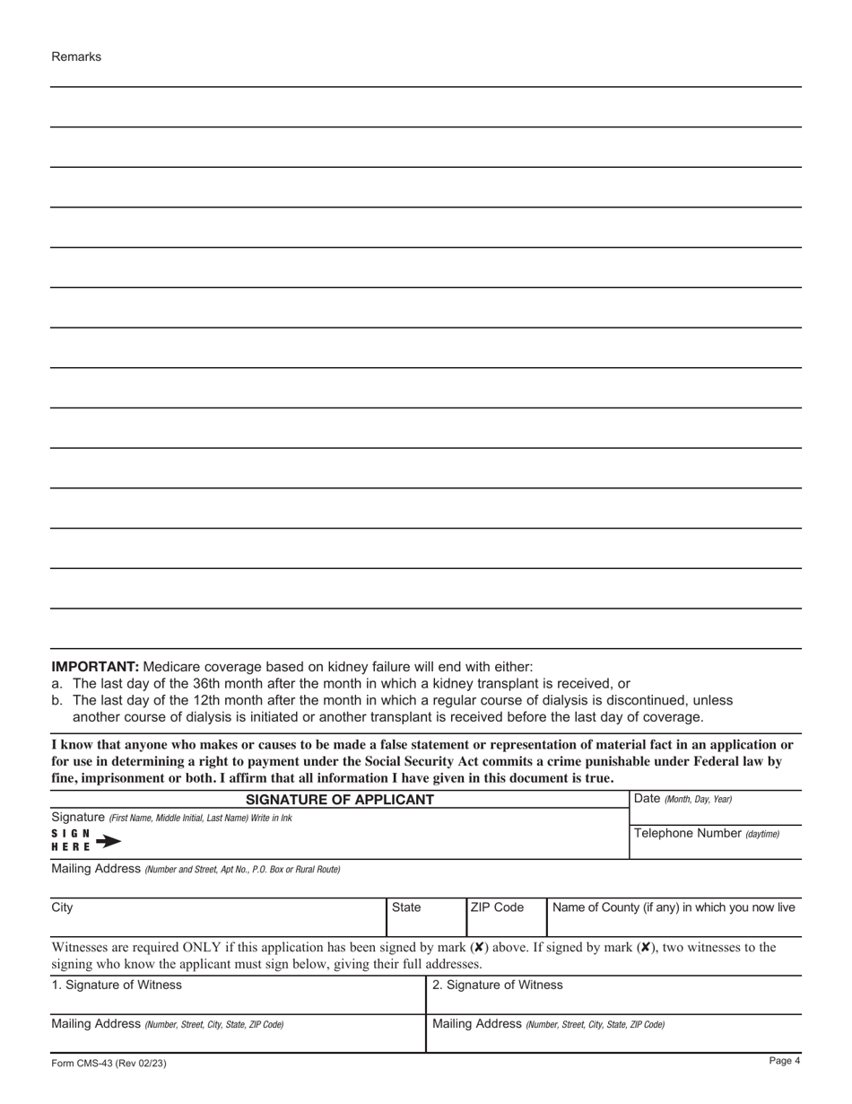 Form CMS-43 Application for Hospital Insurance Benefits for Individuals With End Stage Renal Disease, Page 4