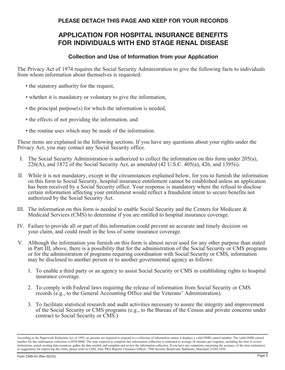 Form CMS-43 Application for Hospital Insurance Benefits for Individuals With End Stage Renal Disease, Page 5