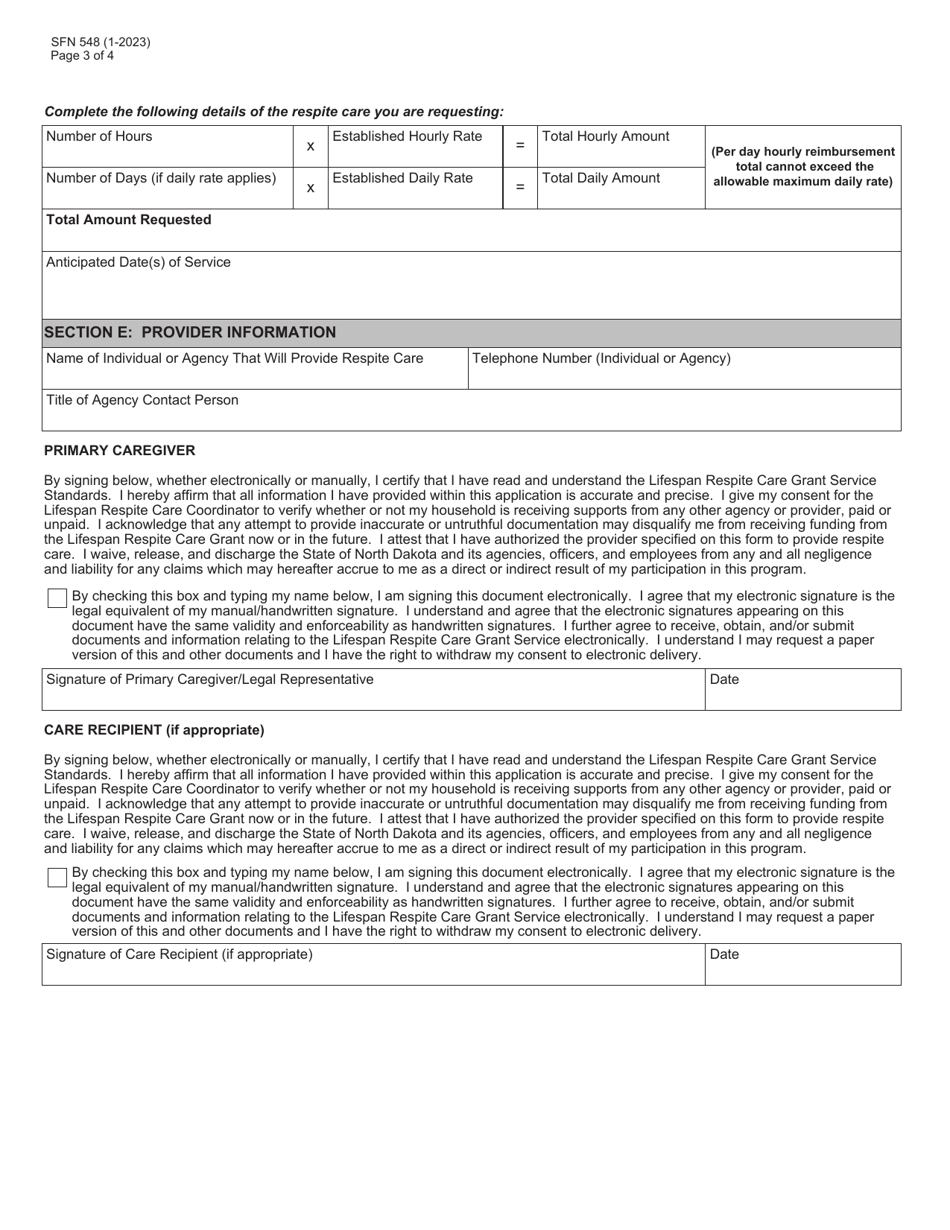 Form SFN548 Lifespan Respite Care Grant Respite Care Application - North Dakota, Page 3