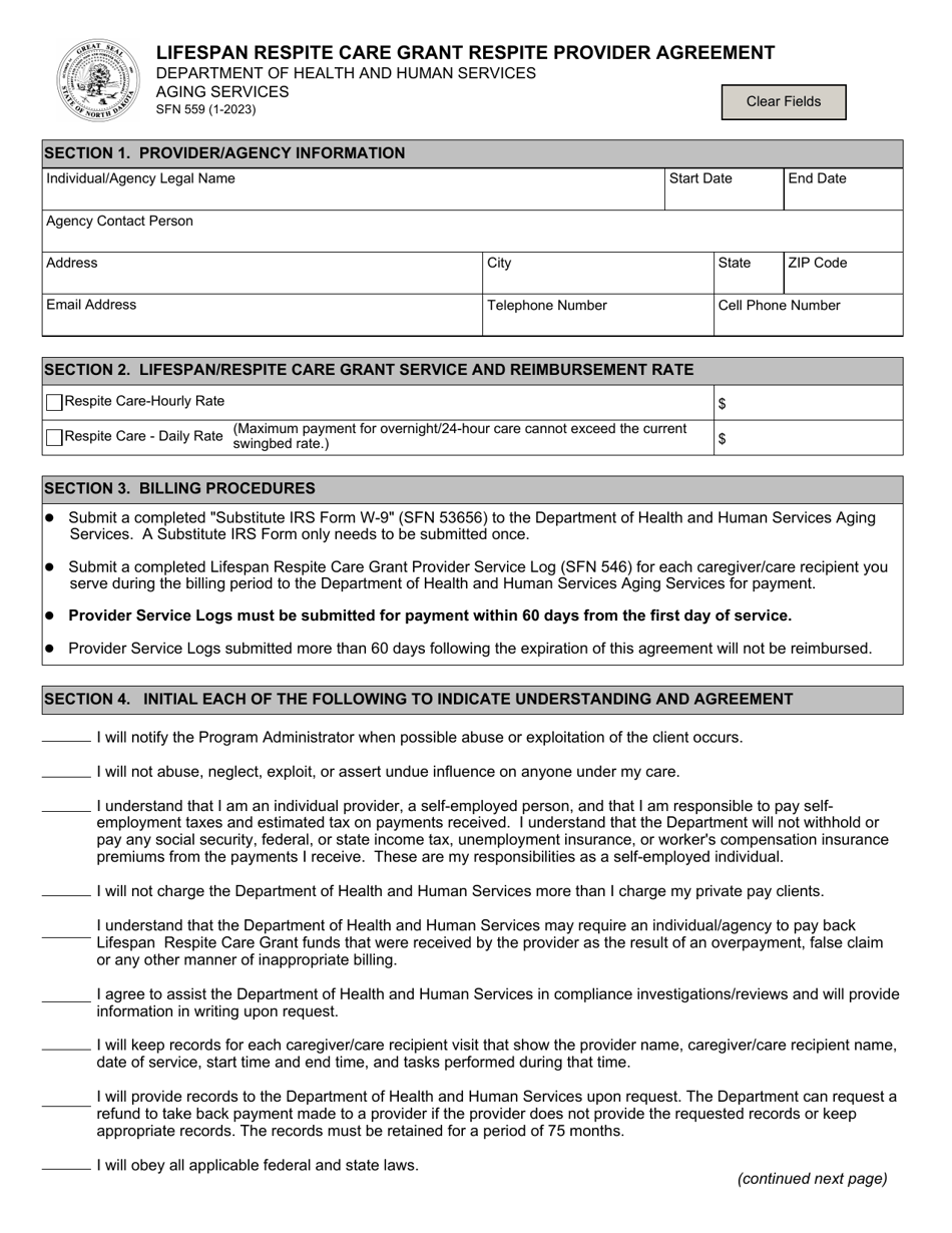 Form SFN559 Lifespan Respite Care Grant Respite Provider Agreement - North Dakota, Page 1