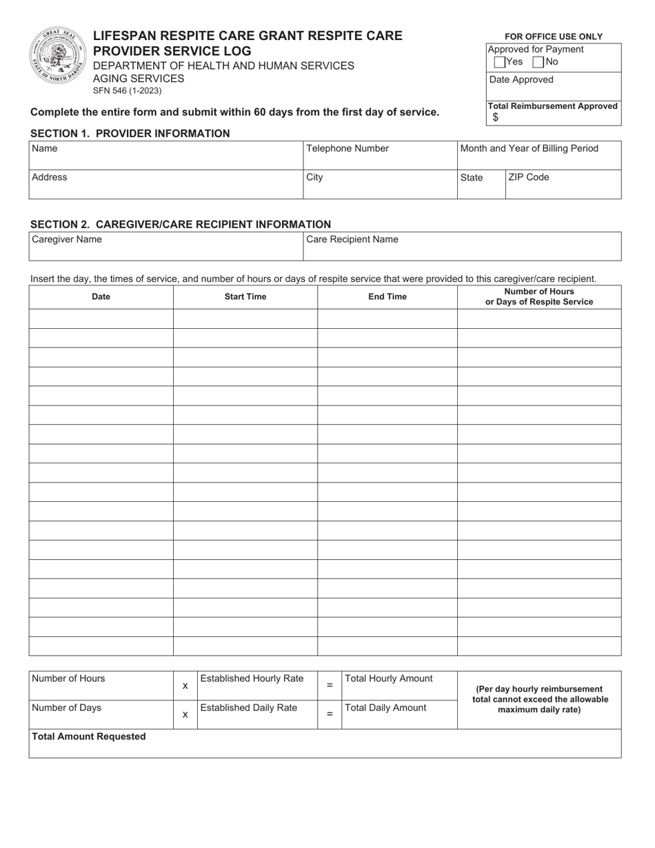 Form SFN546 Lifespan Respite Care Grant Respite Care Provider Service Log - North Dakota, Page 1