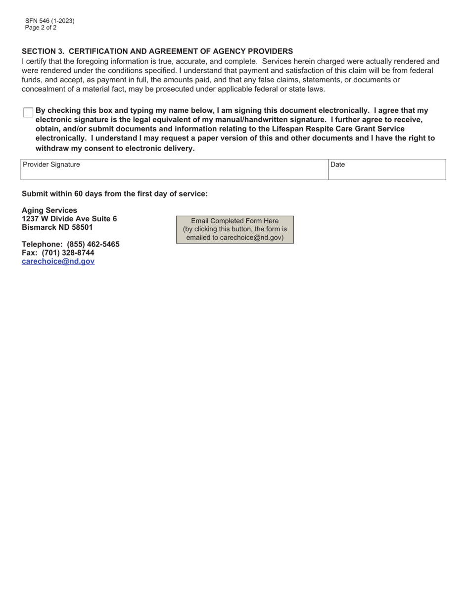 Form SFN546 Lifespan Respite Care Grant Respite Care Provider Service Log - North Dakota, Page 2