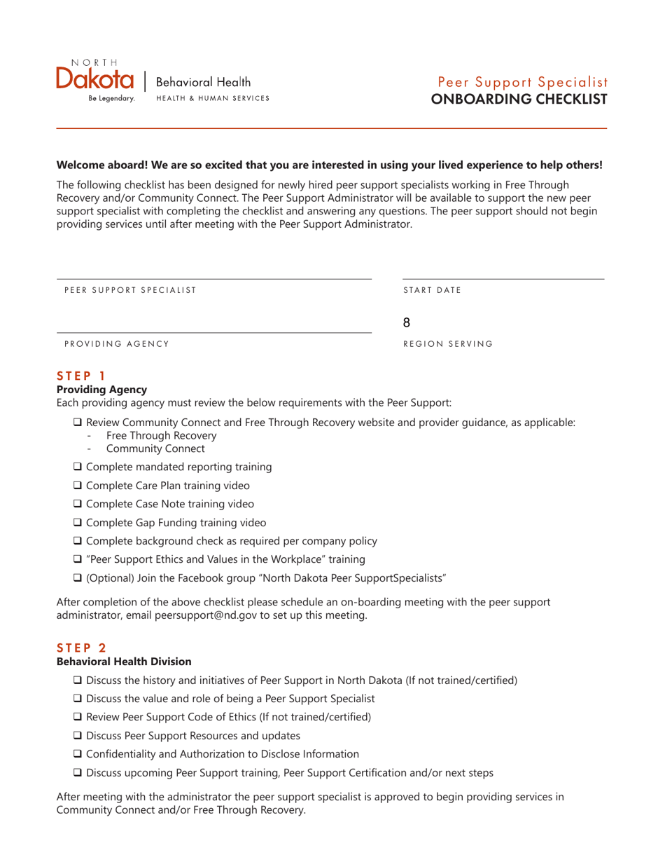 Peer Support Specialist Onboarding Checklist - North Dakota, Page 1