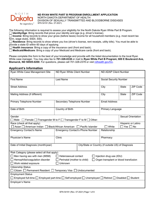Form SFN54191 Nd Ryan White Part B Program Enrollment Application - North Dakota