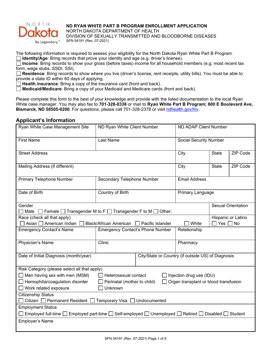 Form SFN54191 Nd Ryan White Part B Program Enrollment Application - North Dakota, Page 1