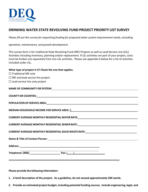 Drinking Water State Revolving Fund Project Priority List Survey - Montana Download Pdf