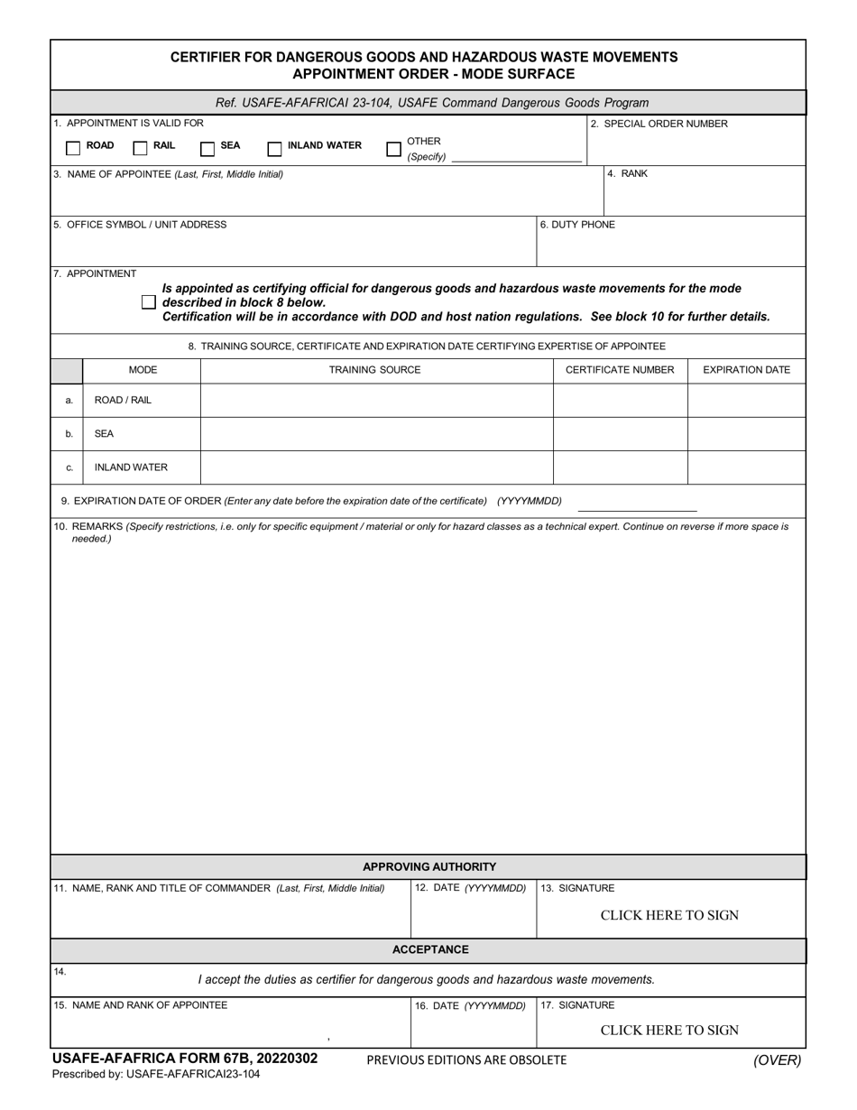 USAFE-AFAFRICA Form 67B Certifier for Dangerous Goods and Hazardous Waste Movements Appointment Order - Mode Surface, Page 1