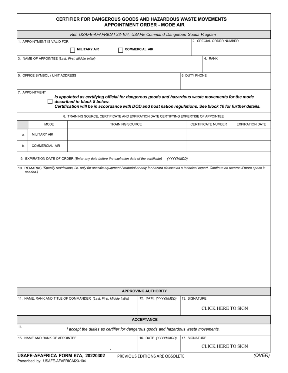 USAFE-AFAFRICA Form 67A Certifier for Dangerous Goods and Hazardous Waste Movements Appointment Order - Mode Air, Page 1