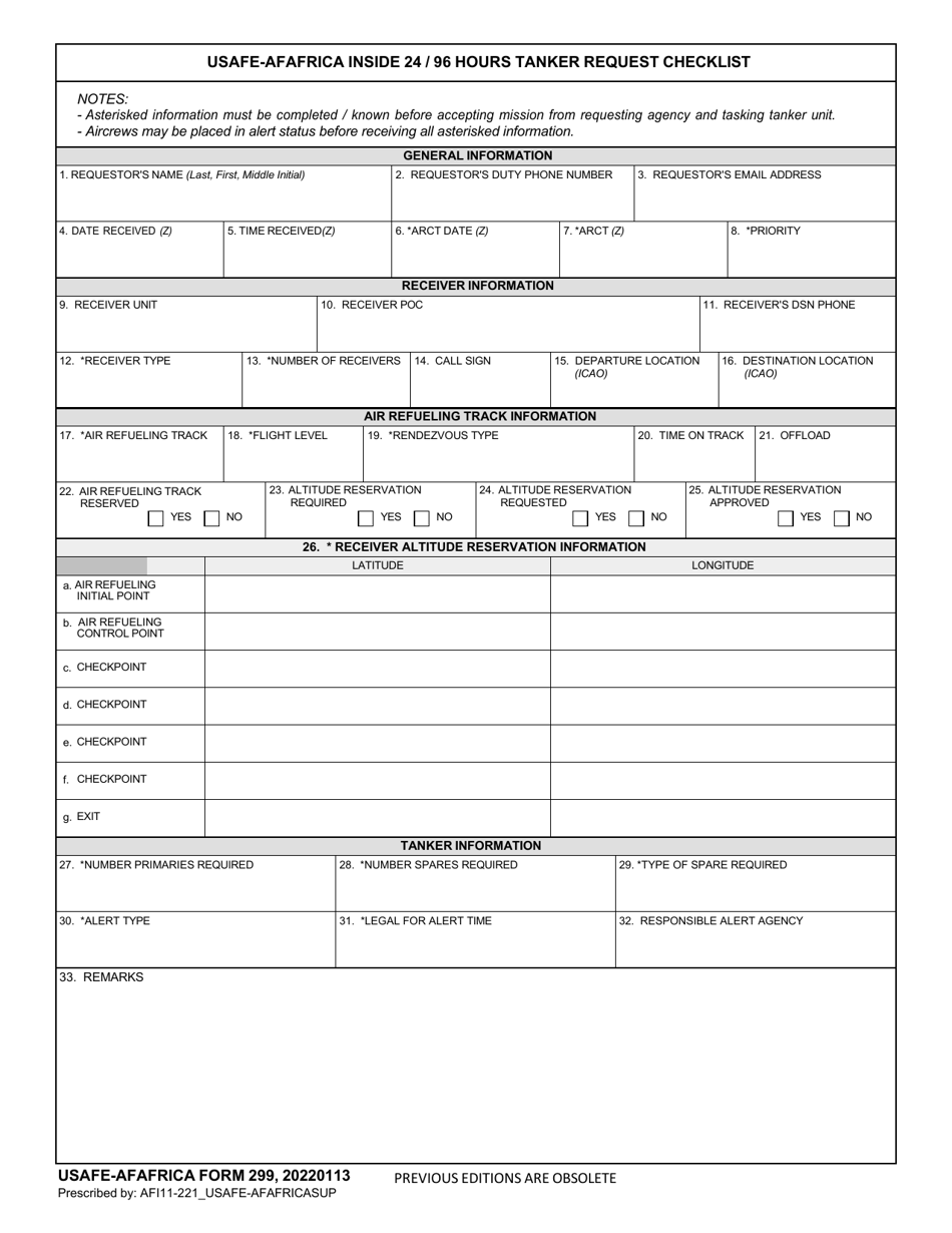USAFE-AFAFRICA Form 299 Usafe-Afafrica Inside 24 / 96 Hours Tanker Request Checklist, Page 1