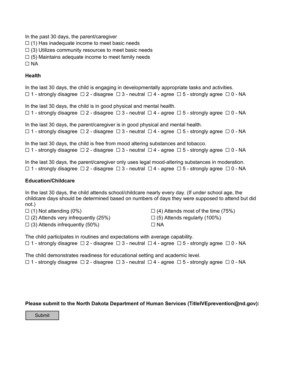 Title IV-E Prevention Services: Child / Family Outcomes Survey - North Dakota, Page 2