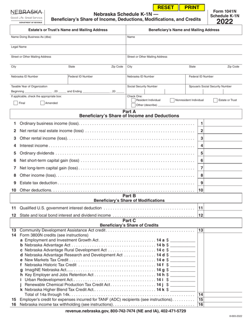 Form 1041N Schedule K-1N Beneficiary's Share of Income, Deductions, Modifications, and Credits - Nebraska, 2022