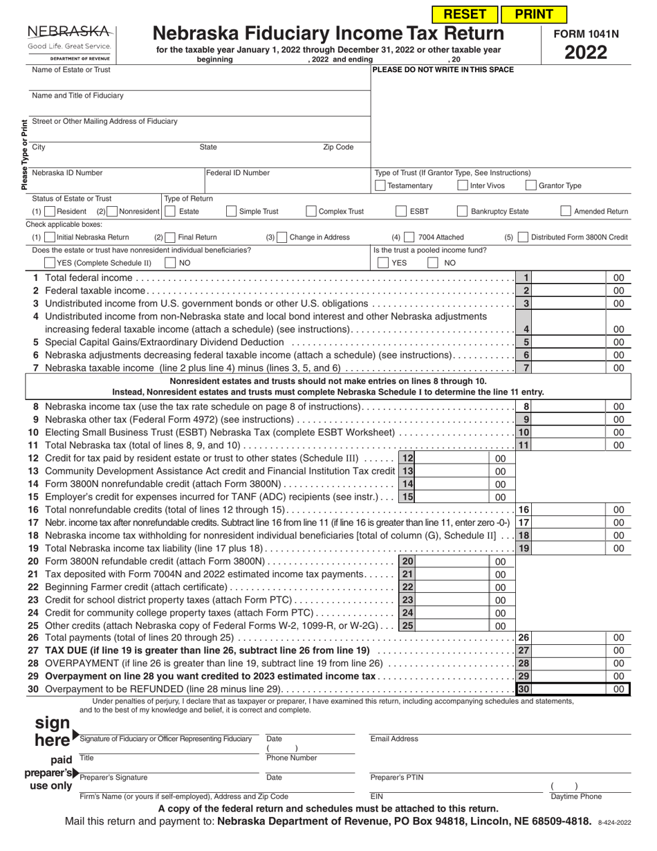 Form 1041N Nebraska Fiduciary Income Tax Return for the Taxable Year January 1, 2022 Through December 31, 2022 or Other Taxable Year - Nebraska, Page 1