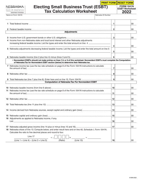 Form 1041N Worksheet ESBT Electing Small Business Trust (Esbt) Tax Calculation Worksheet - Nebraska, 2022