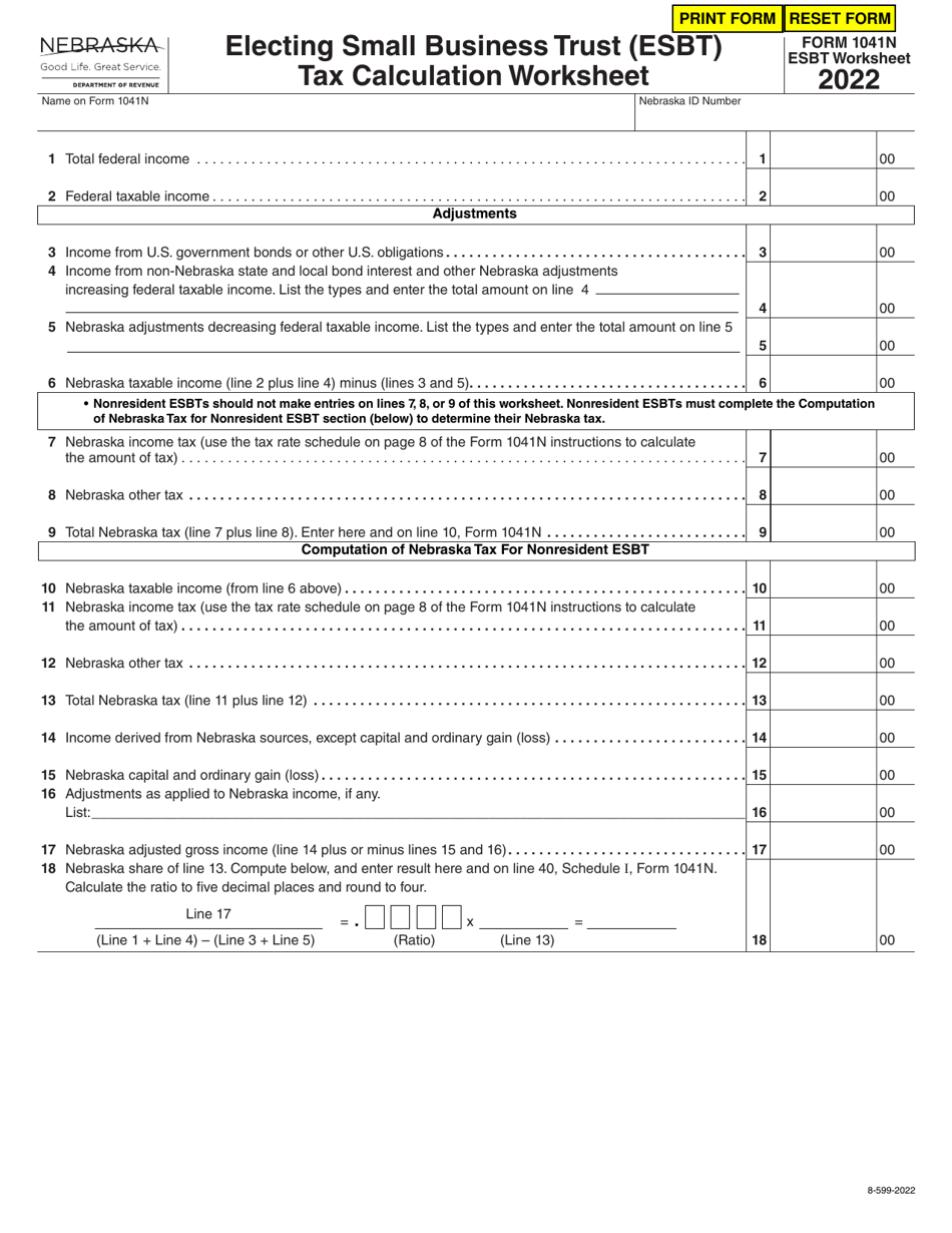 Form 1041N Worksheet ESBT Electing Small Business Trust (Esbt) Tax Calculation Worksheet - Nebraska, Page 1