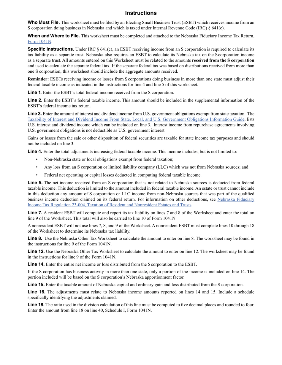 Form 1041N Worksheet ESBT Electing Small Business Trust (Esbt) Tax Calculation Worksheet - Nebraska, Page 2