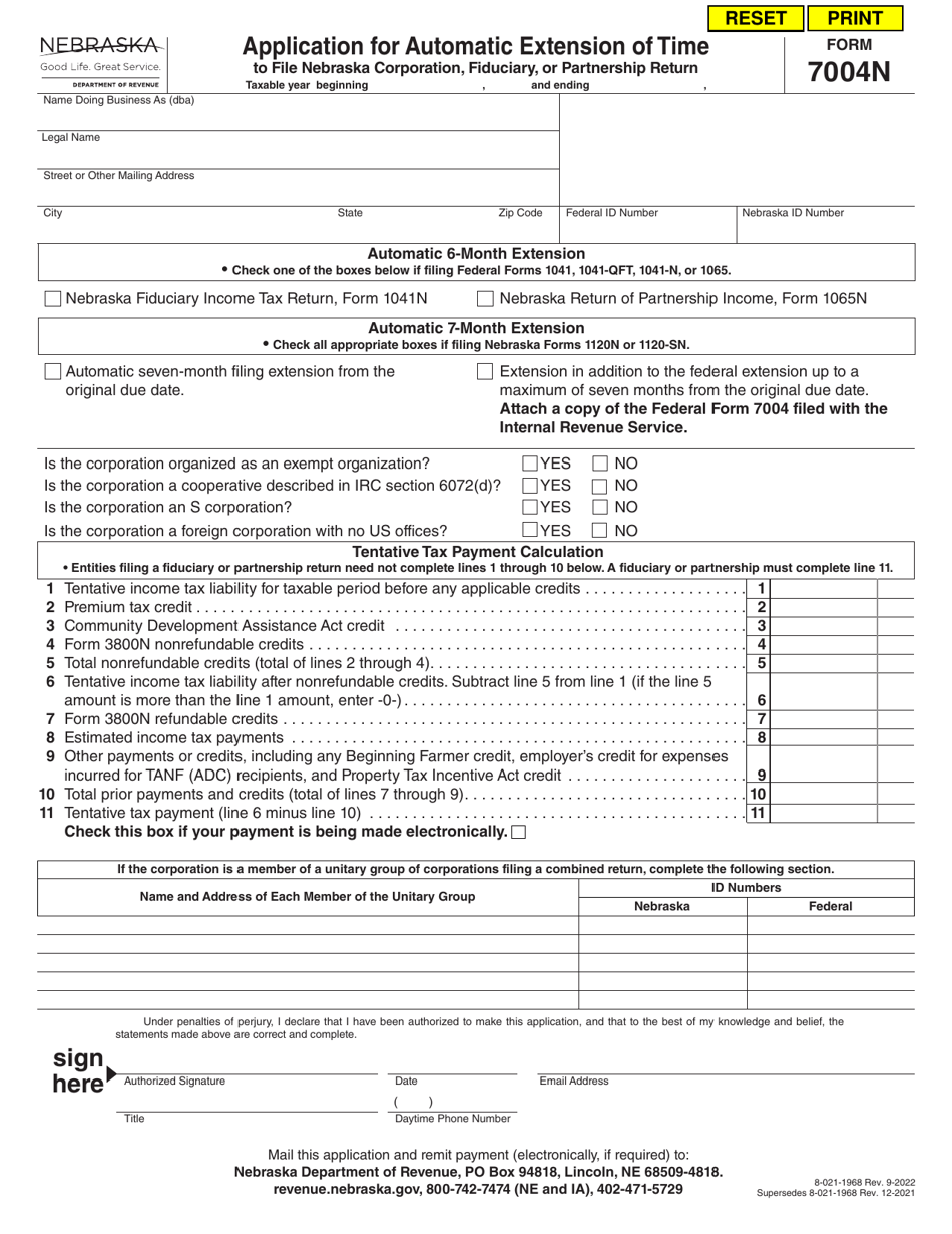 Form 7004N Application for Automatic Extension of Time to File Nebraska Corporation, Fiduciary, or Partnership Return - Nebraska, Page 1