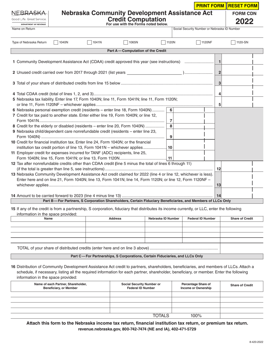 Form CDN Nebraska Community Development Assistance Act Credit Computation - Nebraska, Page 1