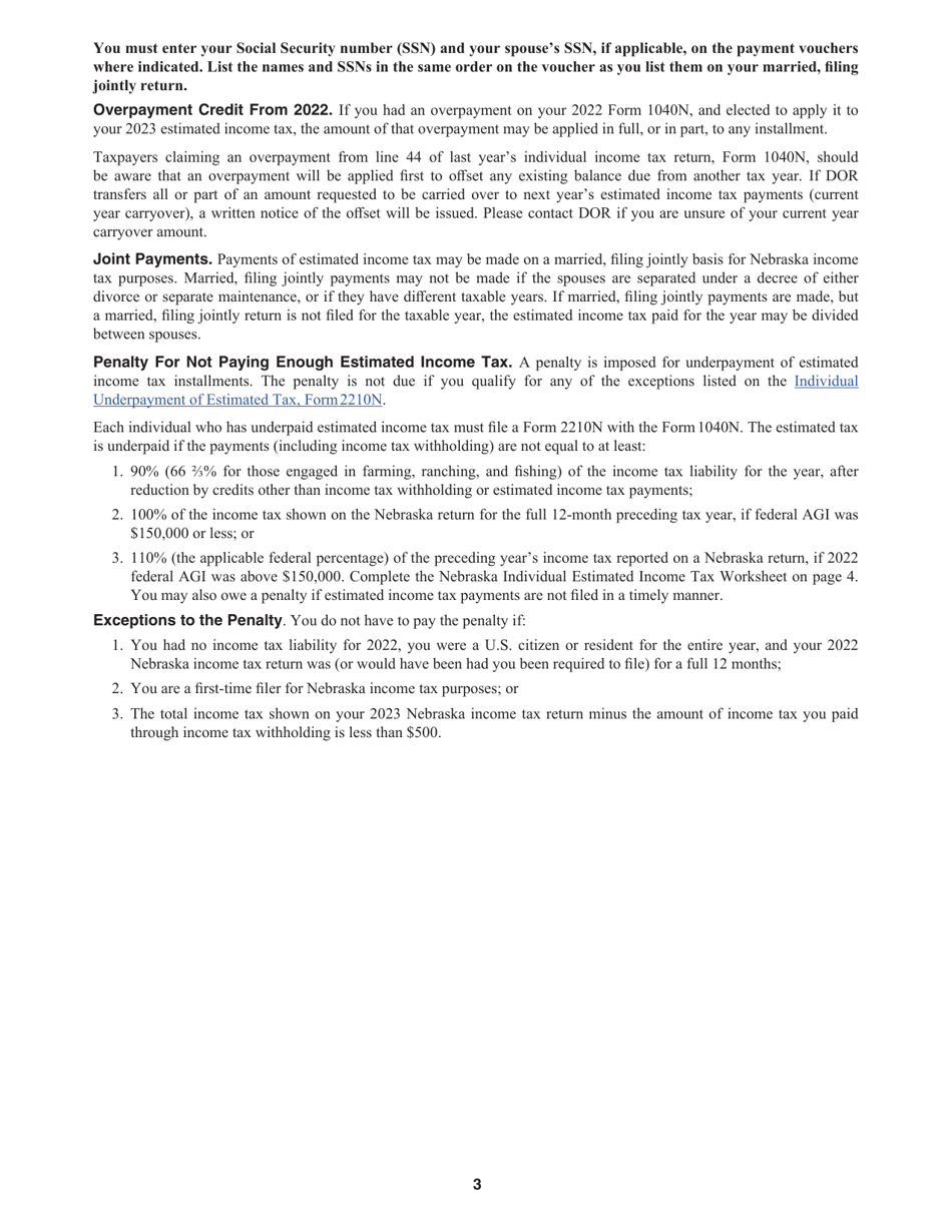 Form 1040N-ES Nebraska Individual Estimated Income Tax - Nebraska, Page 3