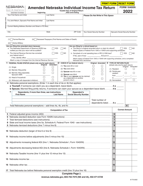 Form 1040XN Amended Nebraska Individual Income Tax Return - Nebraska, 2022