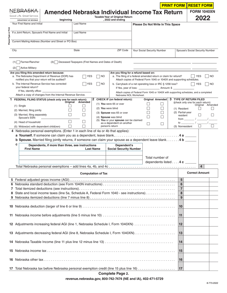Form 1040XN Amended Nebraska Individual Income Tax Return - Nebraska, Page 1