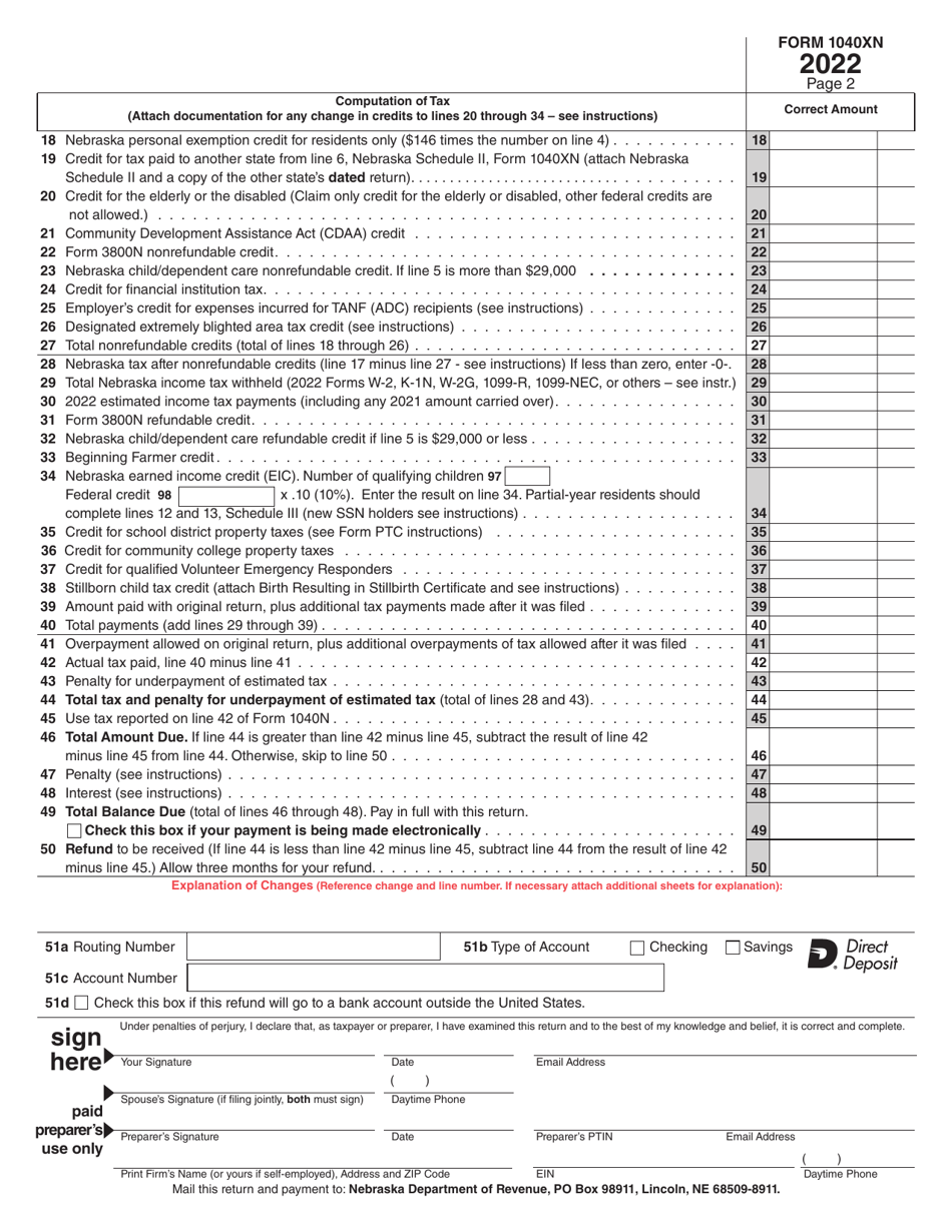Form 1040XN Amended Nebraska Individual Income Tax Return - Nebraska, Page 2