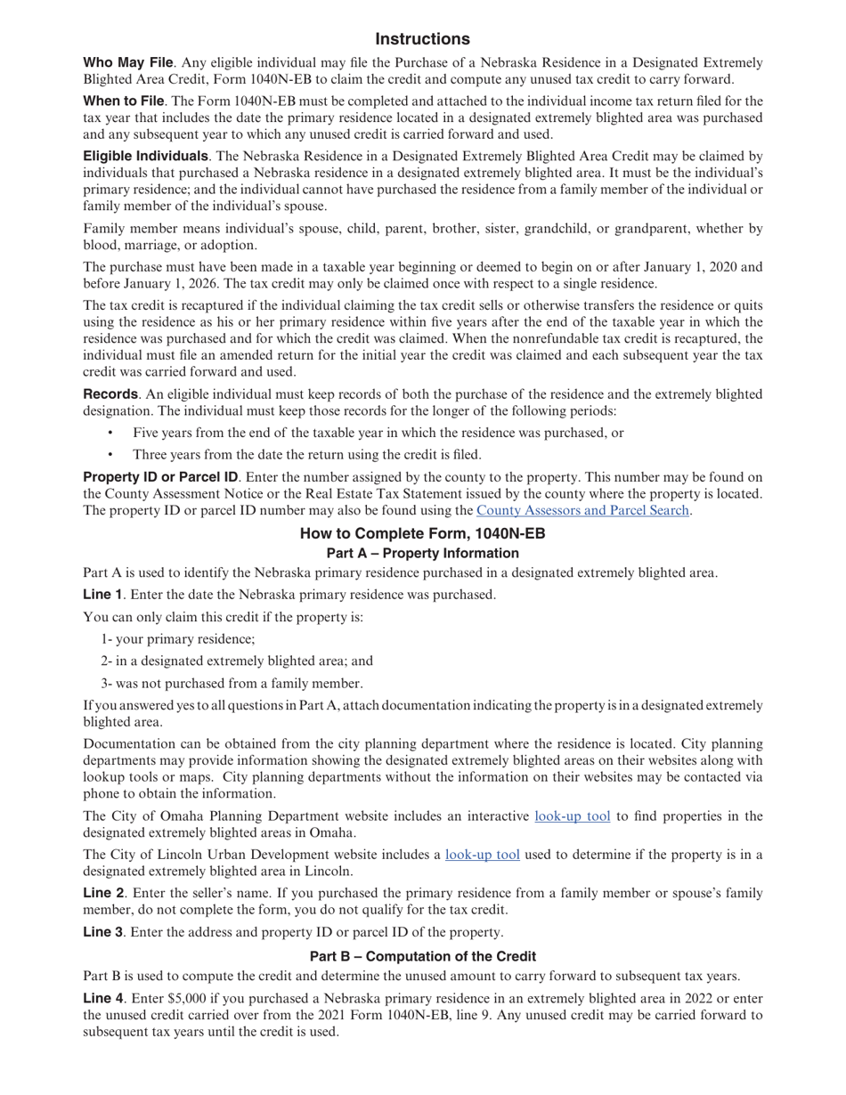 Form 1040N-EB Purchase of a Nebraska Residence in a Designated Extremely Blighted Area Credit - Nebraska, Page 2
