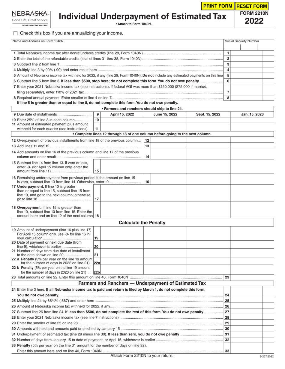 Form 2210N Individual Underpayment of Estimated Tax - Nebraska, Page 1