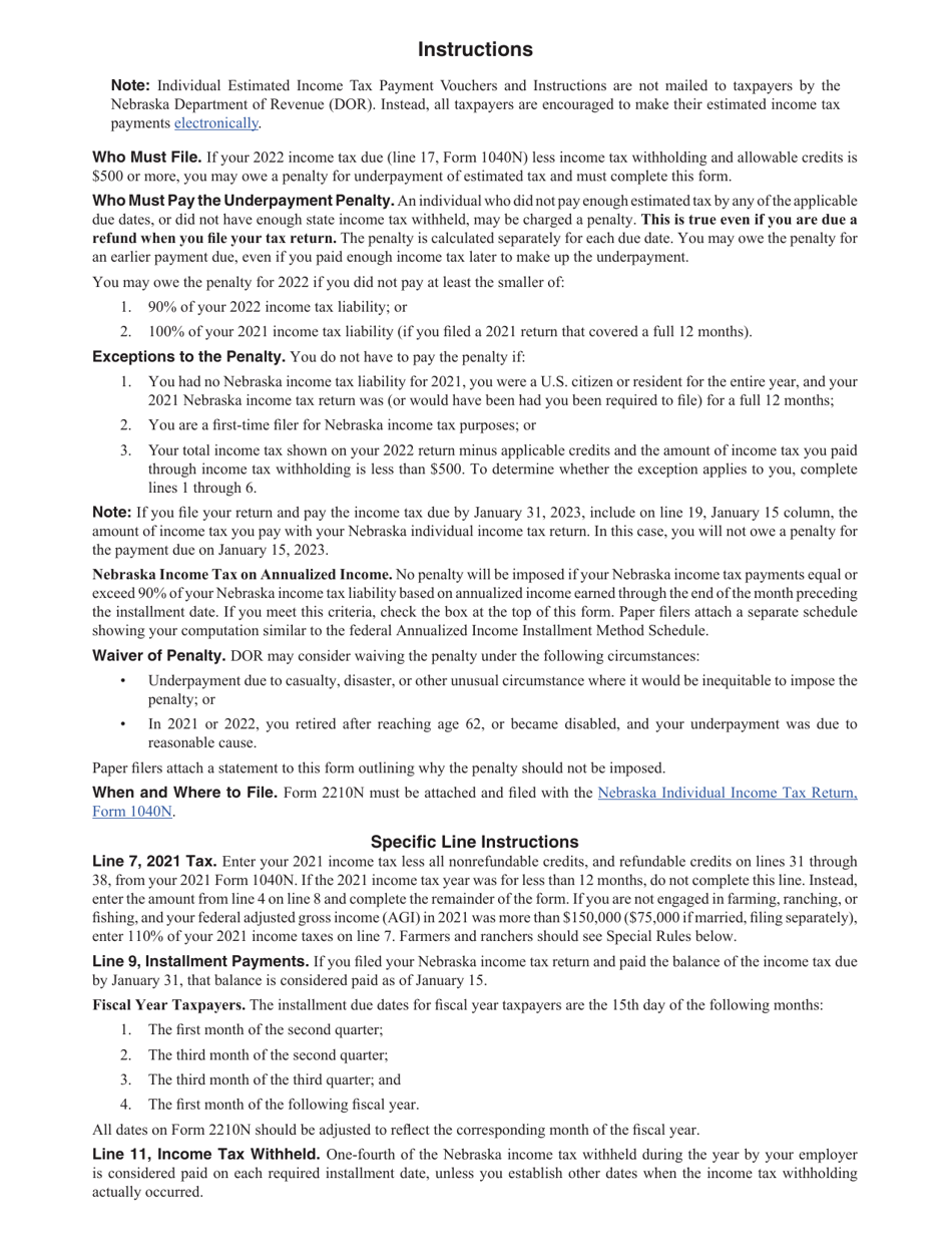 Form 2210N Individual Underpayment of Estimated Tax - Nebraska, Page 2