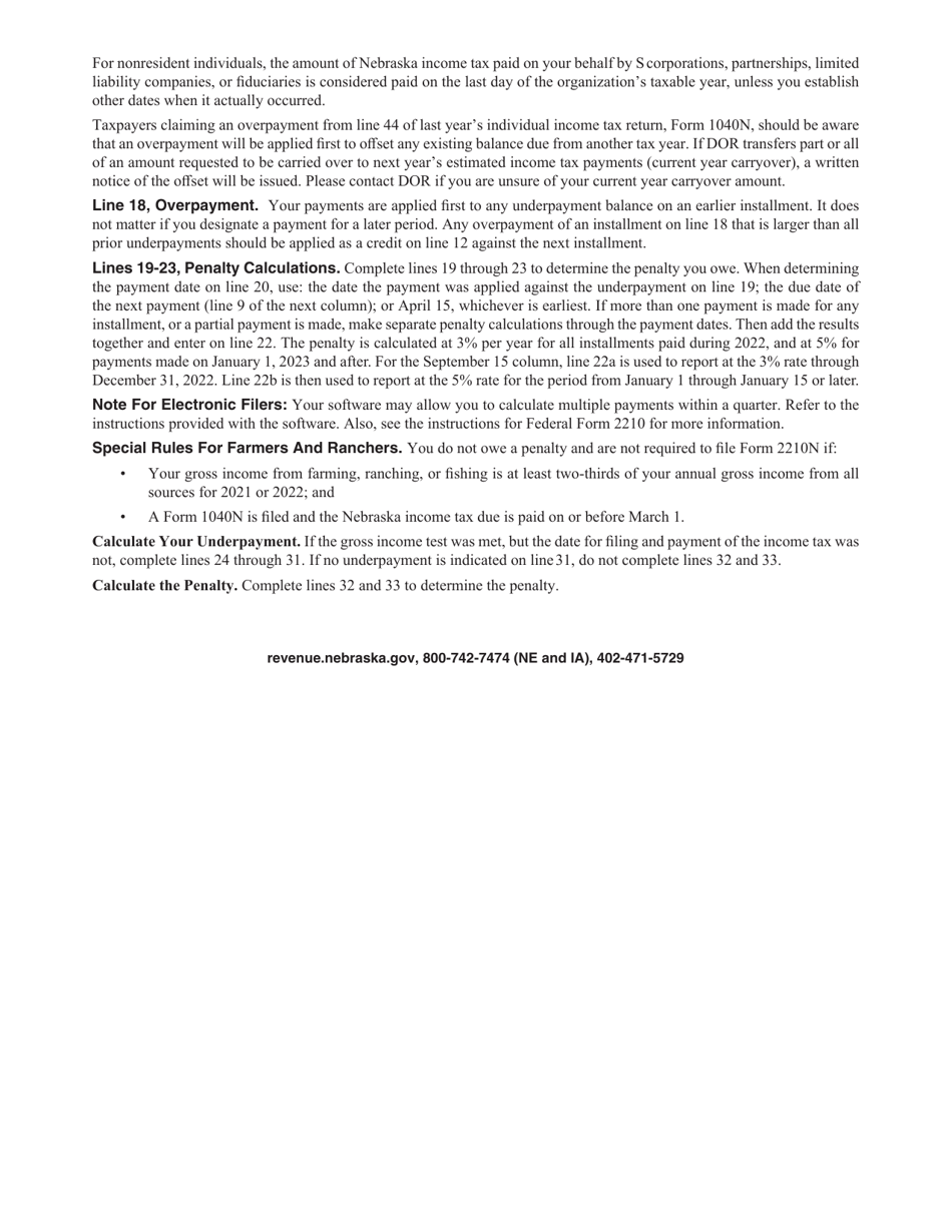 Form 2210N Individual Underpayment of Estimated Tax - Nebraska, Page 3