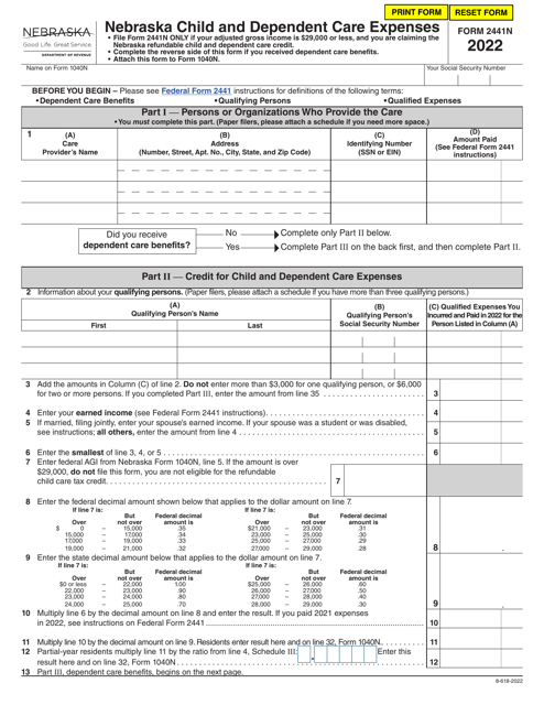 Form 2441N Nebraska Child and Dependent Care Expenses - Nebraska, 2022