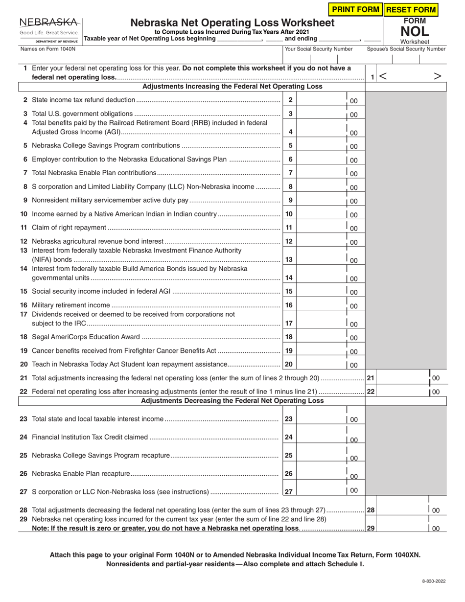 Form NOL Nebraska Net Operating Loss Worksheet - Nebraska, Page 1