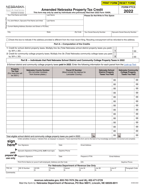 Form PTCX Amended Nebraska Property Tax Credit - Nebraska, 2022