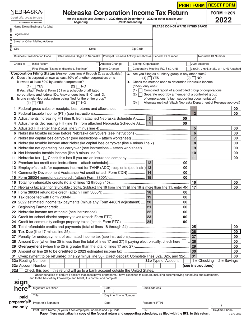 Form 1120N Nebraska Corporation Income Tax Return - Nebraska, Page 1