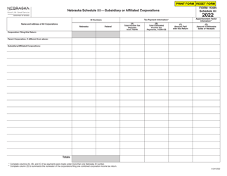 Form 1120N Schedule III Subsidiary or Affiliated Corporations - Nebraska