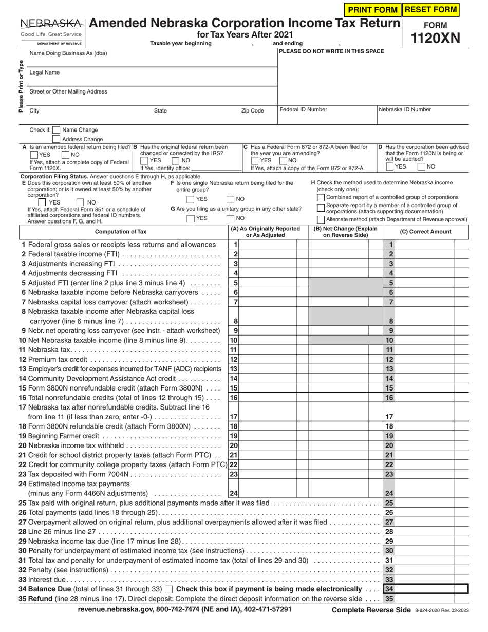 Form 1120XN Amended Nebraska Corporation Income Tax Return for Tax Years After 2021 - Nebraska, Page 1