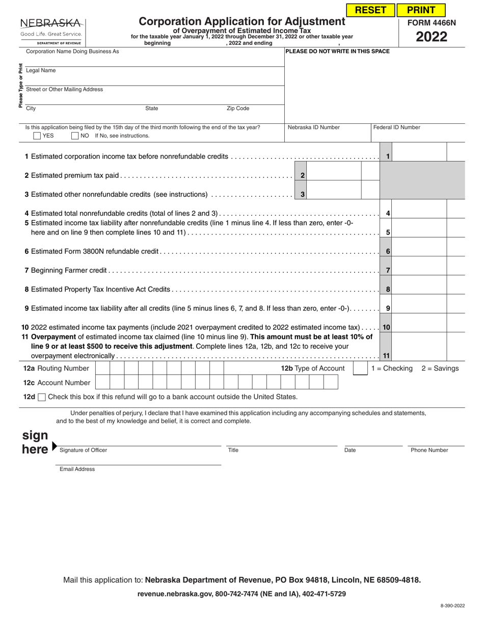 Form 4466N Corporation Application for Adjustment of Overpayment of Estimated Income Tax for the Taxable Year January 1, 2022 Through December 31, 2022 or Other Taxable Year - Nebraska, Page 1