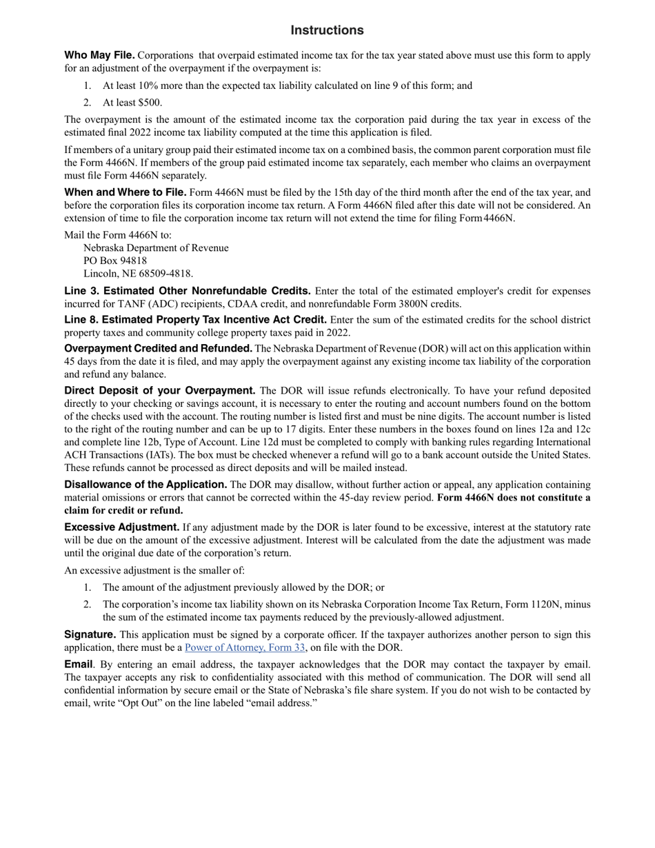 Form 4466N Corporation Application for Adjustment of Overpayment of Estimated Income Tax for the Taxable Year January 1, 2022 Through December 31, 2022 or Other Taxable Year - Nebraska, Page 2