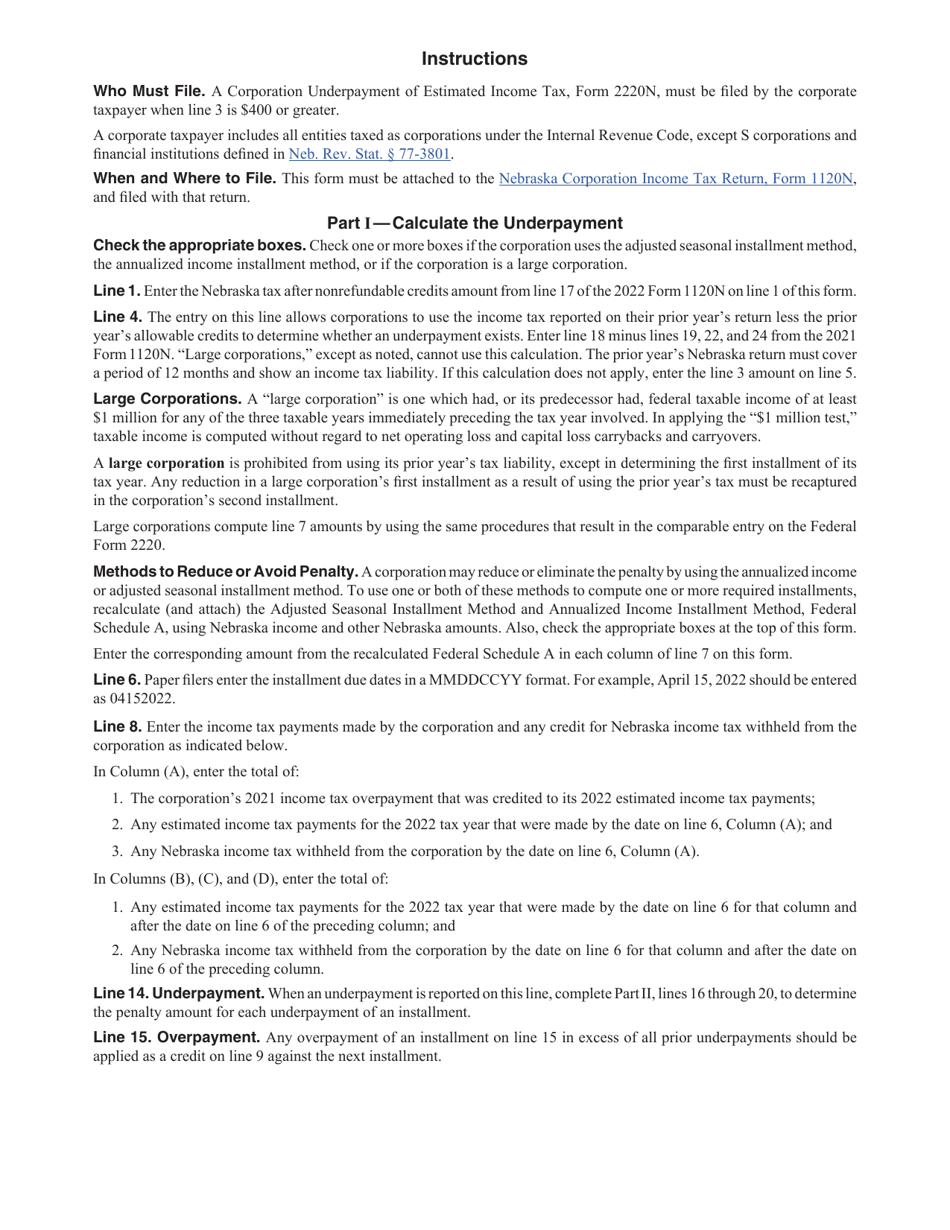 Form 2220N Corporation Underpayment of Estimated Income Tax - Nebraska, Page 2