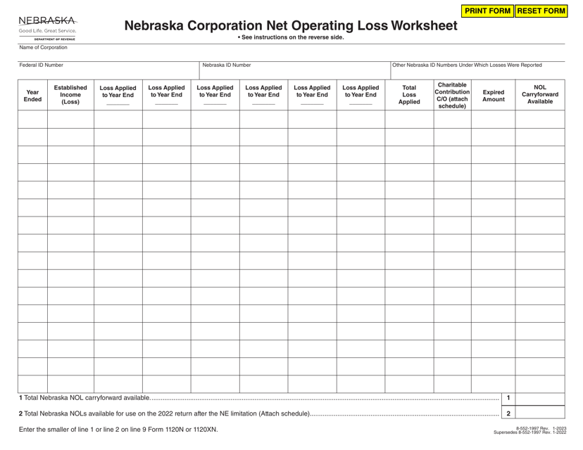 Nebraska Corporation Net Operating Loss Worksheet - Nebraska Download Pdf